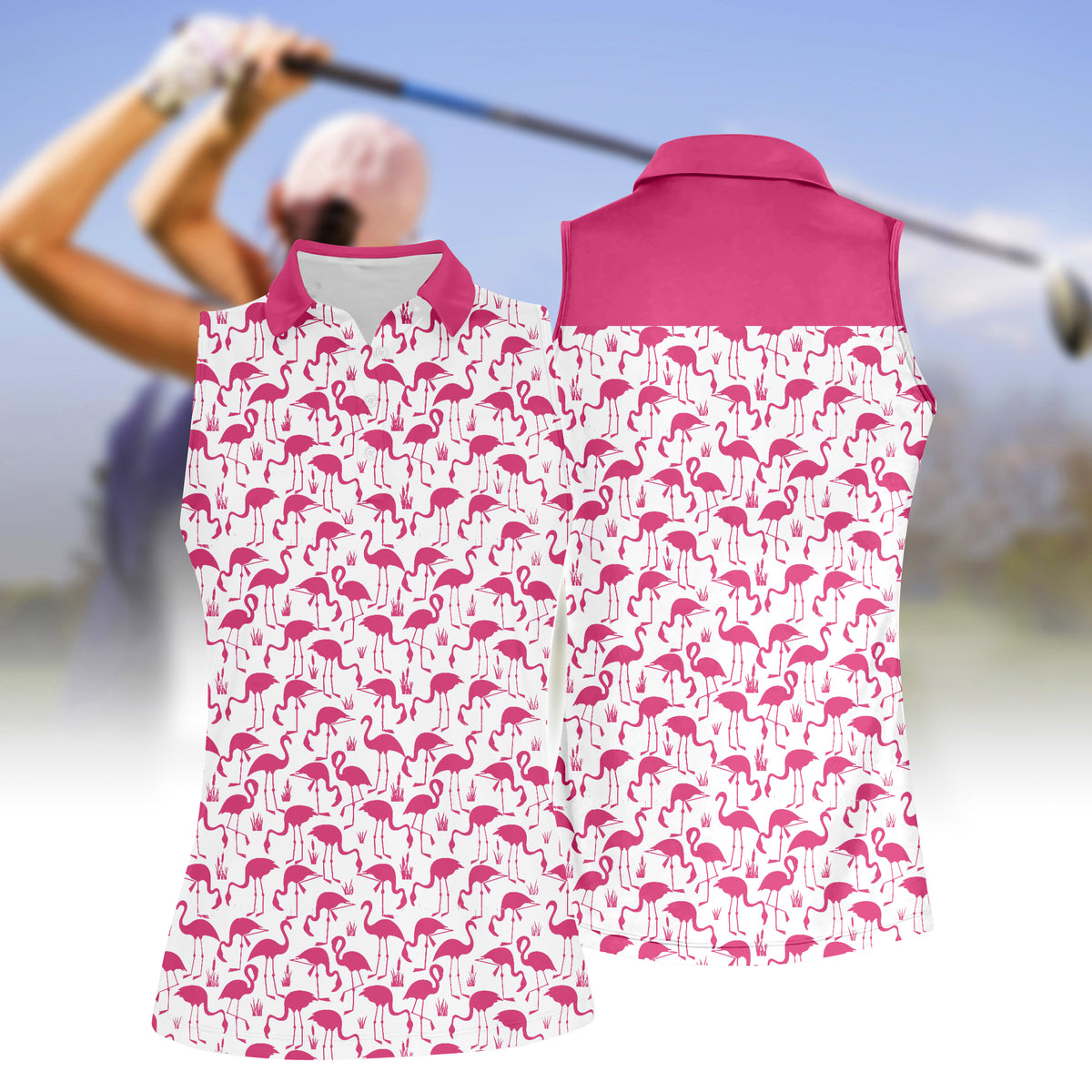 Funny Flamingo Golf Sleeveless Polo Shirt For Women Cozypantsus